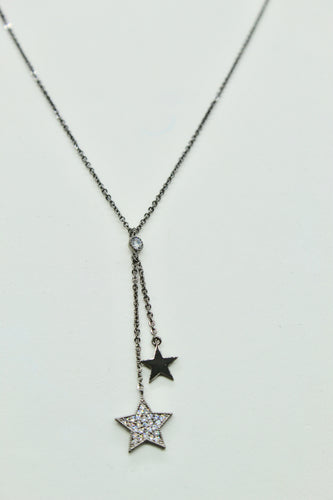 Hematite colored chain necklace with CZ pave star & solid star charm