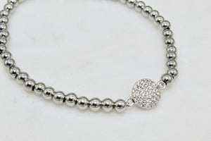 Silver stainless steel bead bracelet with cz pave circle