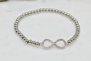 Silver stainless steel stretch bead bracelet with Infinity Sign