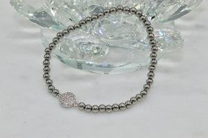 Silver stainless steel bead bracelet with cz pave circle