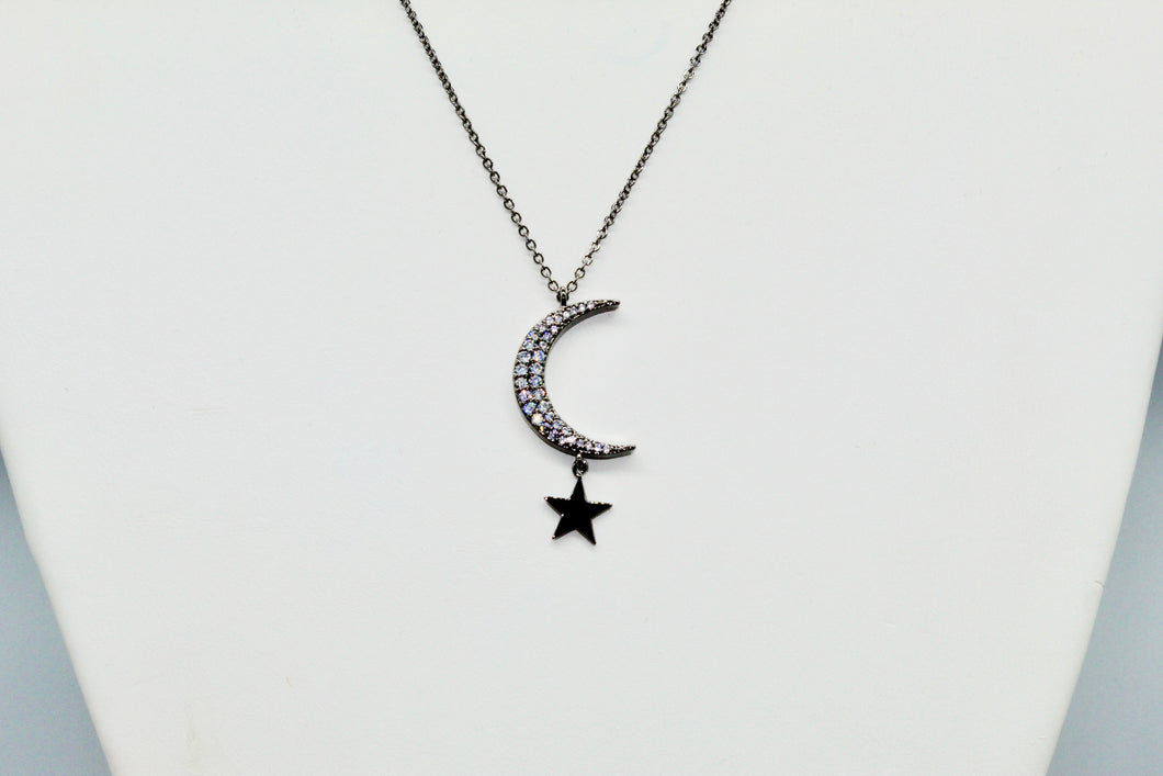 Hematite colored chain with CZ moon and hanging solid star