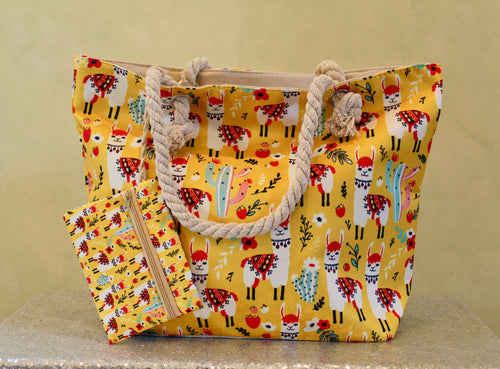 Llama and cactus printed tote bag w/coin purse