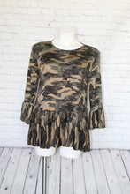 Load image into Gallery viewer, Camo print round neck, flounced 3/4 sleeve with ruffled hem