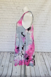 Fuchsia tie dye tank dress with pockets