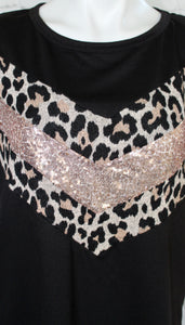 Black short sleeve with leopard & rose sequin chevron detail