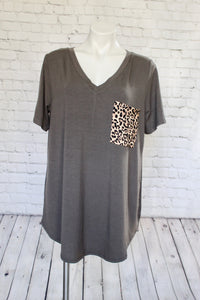 Short Sleeve Leopard Pocket Top Plus Size