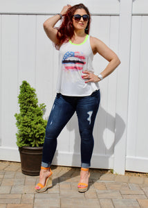 American flag lip graphic T top with neon trim