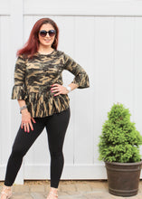 Load image into Gallery viewer, Camo print round neck, flounced 3/4 sleeve with ruffled hem