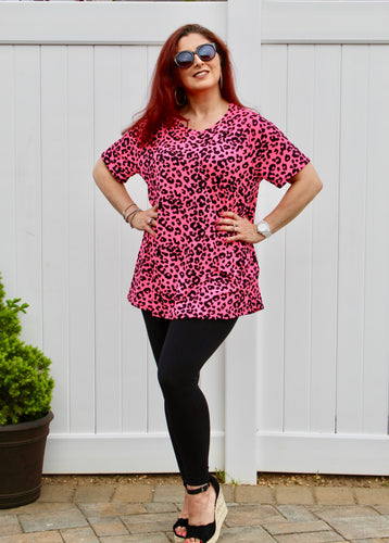 Neon leopard print round neck short sleeve tunic