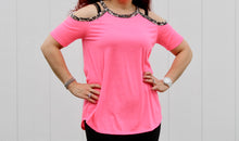 Load image into Gallery viewer, Jersey knit cold shoulder top with leopard band