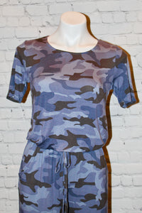 Short Sleeve Camouflage Jumpsuit with Elastic Waist