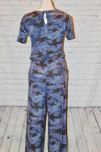 Short Sleeve Camouflage Jumpsuit with Elastic Waist