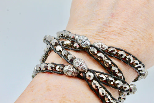 Skull leather wrap string beaded bracelet