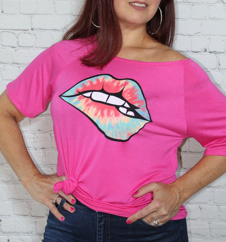 Loose fit graphic Tee top with tie-dye lip detail