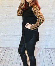 Load image into Gallery viewer, Black Top with Animal Print Sleeves