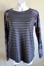 Load image into Gallery viewer, Striped Top with Plaid Sleeves with Elbow Patch