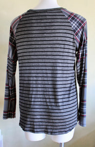 Striped Top with Plaid Sleeves with Elbow Patch