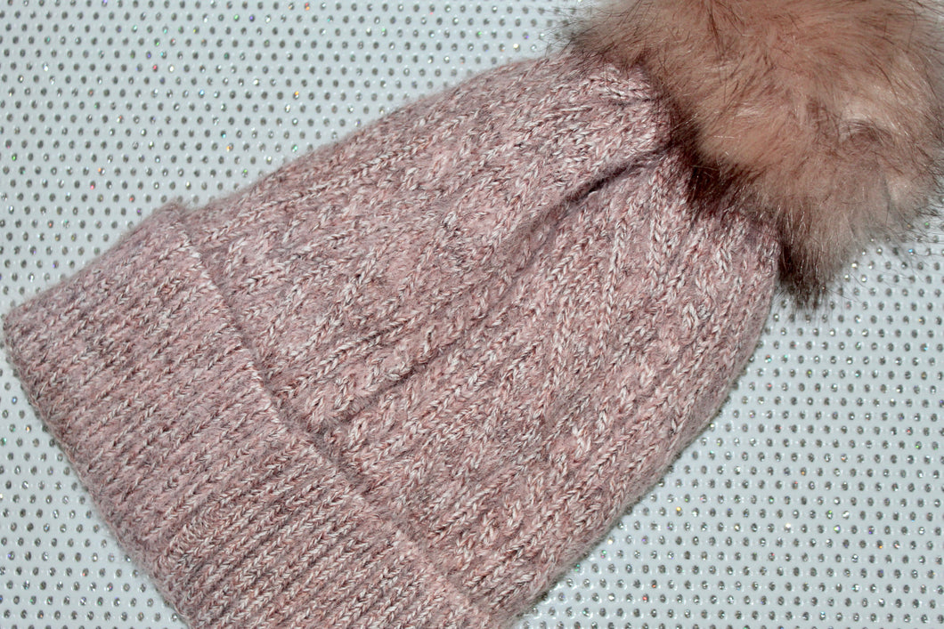 NEW ARRIVAL --- Fuzzy Lined Heather Knit Hat with Faux Fur Pom Pom