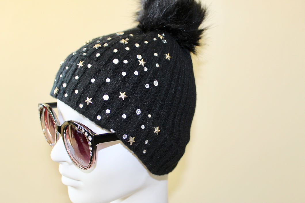 New Arrival --- Rhinestone Star Studded Hat with Removable Pom Pom