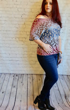 Load image into Gallery viewer, One shoulder cheetah knit top featuring dolman sleeves and self tie knot