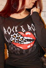 Load image into Gallery viewer, Long sleeve graphic tee rock &amp; roll mouth cheetah tongue print