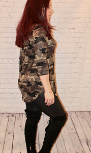 Rayon camouflage print 3/4 sleeve round neck top