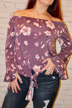 Load image into Gallery viewer, Off the shoulder knit top featuring ruffled bell sleeves and front self-tie knot