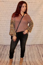 Load image into Gallery viewer, Thermal waffle knit top with leopard balloon sleeves