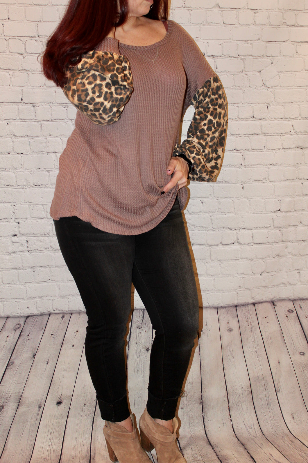 Thermal waffle knit top with leopard balloon sleeves