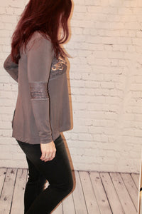 Long sleeve vintage embroidered top with lace detail on sleeves