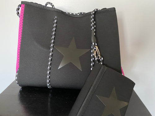 New Arrival - Black Star Neoprene Tote with Fuschia Side Panel