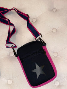 NEW ARRIVAL - Neoprene zippered phone handbag BLACK/NEON PINK