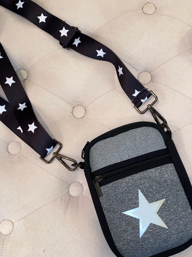 NEW ARRIVAL - Neoprene Zippered Phone Handbag GREY/BLACK with White Star