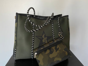 New Arrival - Olive Neoprene Tote with Camo Star with Snap Closure