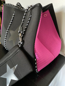 New Arrival - Black Star Neoprene Tote with Fuschia Side Panel