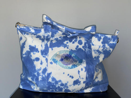 New Arrival - Evil Eye Bling Tie Dye Canvas Tote with Crossbody Strap