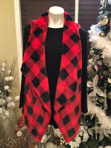 New Arrival --- Faux Fur Red Buffalo Plaid Vest Cover Up