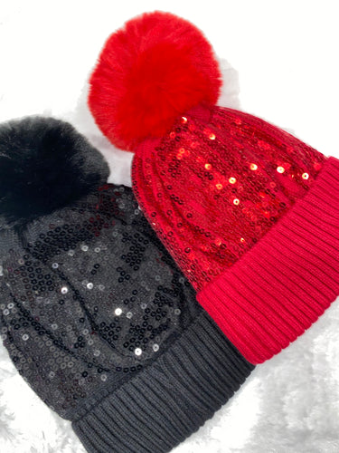 Sequin Embellished Pom Pom Beanie Hat