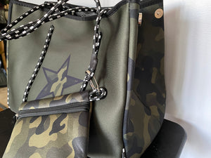 New Arrival - Olive Neoprene Tote with Camo Star with Snap Closure