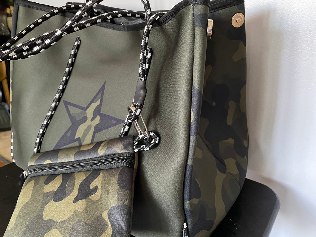 New Arrival - Olive Neoprene Tote with Camo Star with Snap Closure